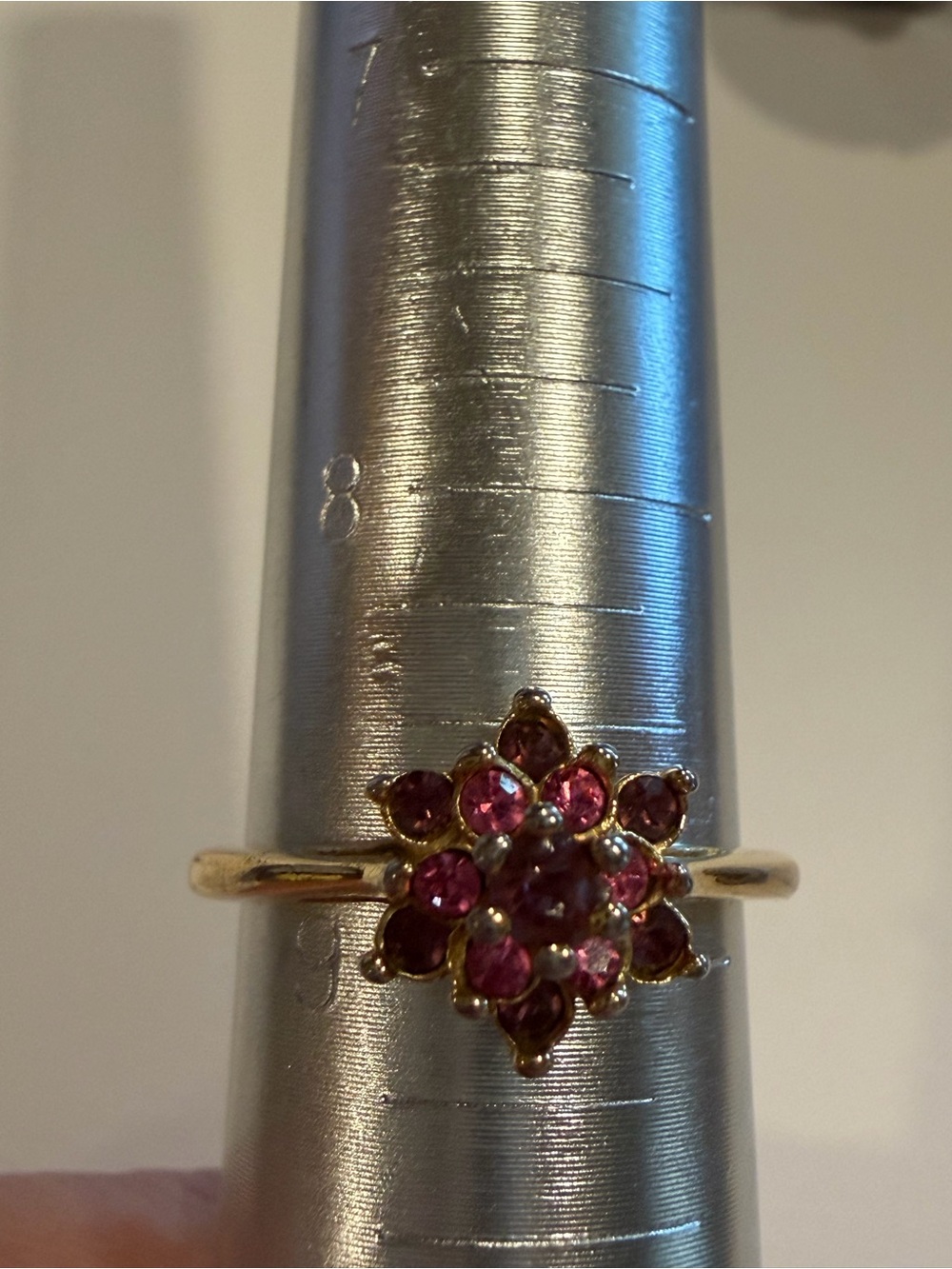 Gold Tone Vintage Ring with Pink Gemstone Flower Cluster Size 9